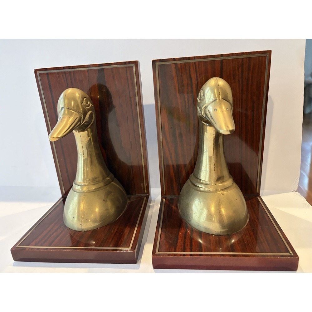 Vintage Gatco Solid Brass Duck Mallard Wood Inlay Bookend Set